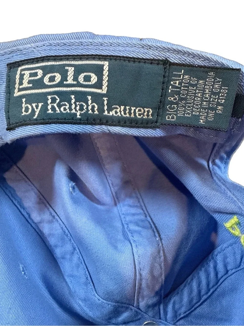 Polo Ralph Lauren Blue Adjustable Baseball Cap Hat Lime Green Pony Logo Cotton